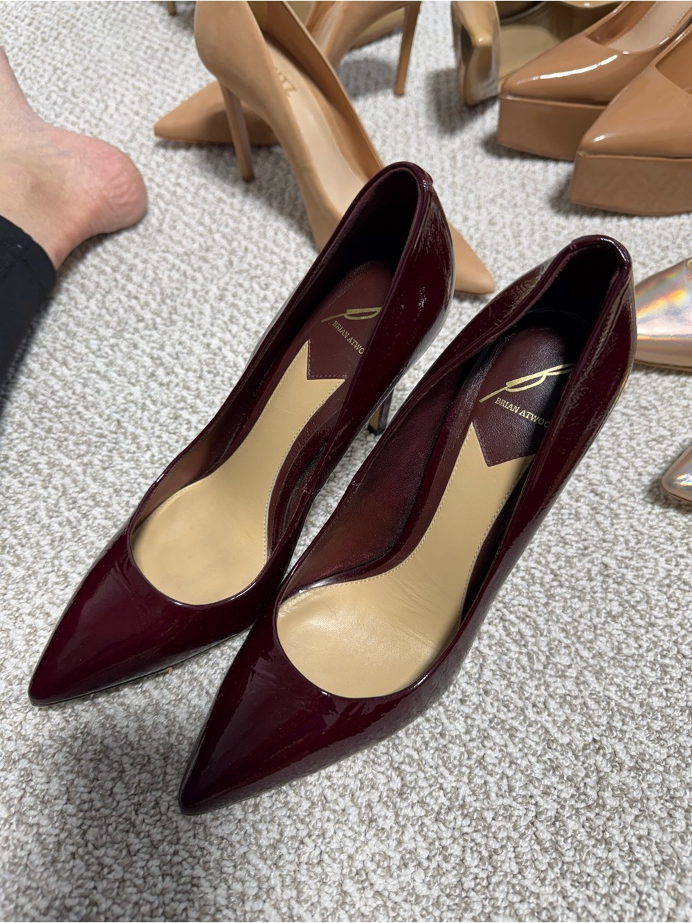 Brian Atwood Burgundy Patent Pointed Toe Pumps